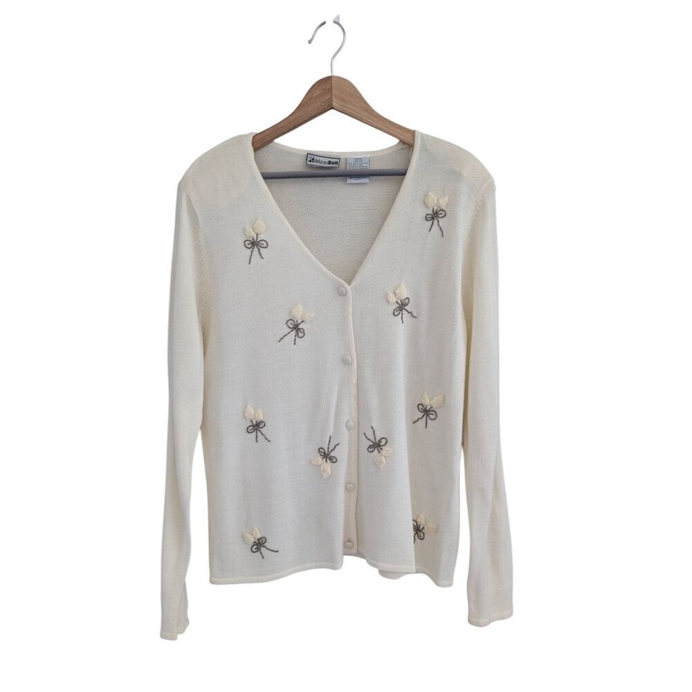 Vintage Delicate Floral Bow V-neckline Wool Blend Cardigan Women's Size M